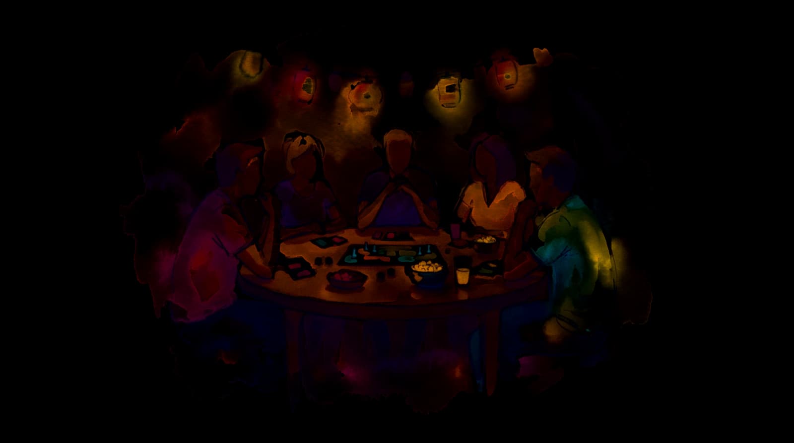 Friends around a table mid board game under strings of lanterns, painted in watercolor.